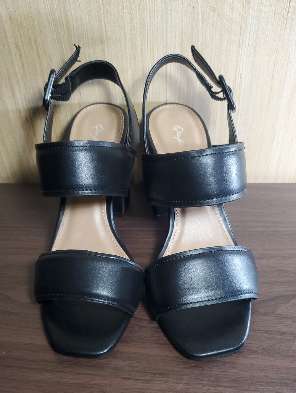 Qupid Black Two-Strap Block Heel Sandals
